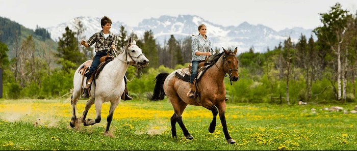 Confident plus-size woman riding Sunninghill a horse through a field with a smile on her face.